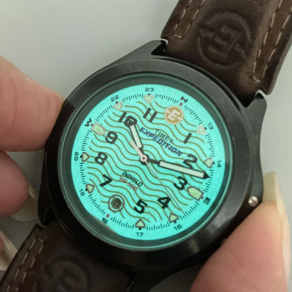 Timex Expedition Indiglo Mens Watch 40mm Beige Dial Date Leather New Battery